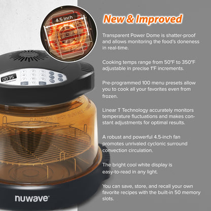 Nuwave Pro Plus 2 Infra-Red Oven, Countertop, Convection, Cook Fresh or Frozen, No Defrosting or Preheating, Cook Healthy, 360 Surround Heat, Adjustable Temps, 100 Presets, 50 Memory, Tough Power Dome