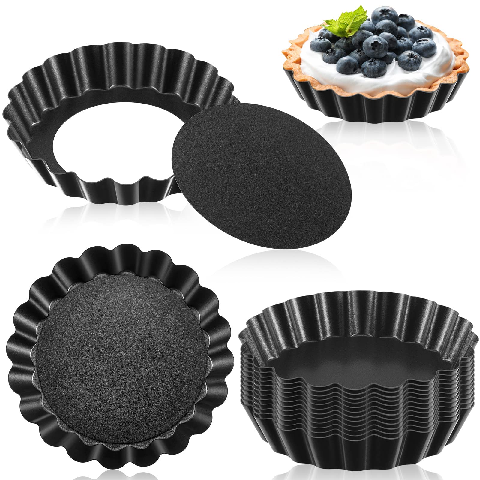 Tessco 16 Pieces Mini Tart Pans with Removable Bottom Nonstick Quiche Mini Pie Tart Pans Bakeware Mold Fluted Side for Pies(Black Gray Round,3 Inch)