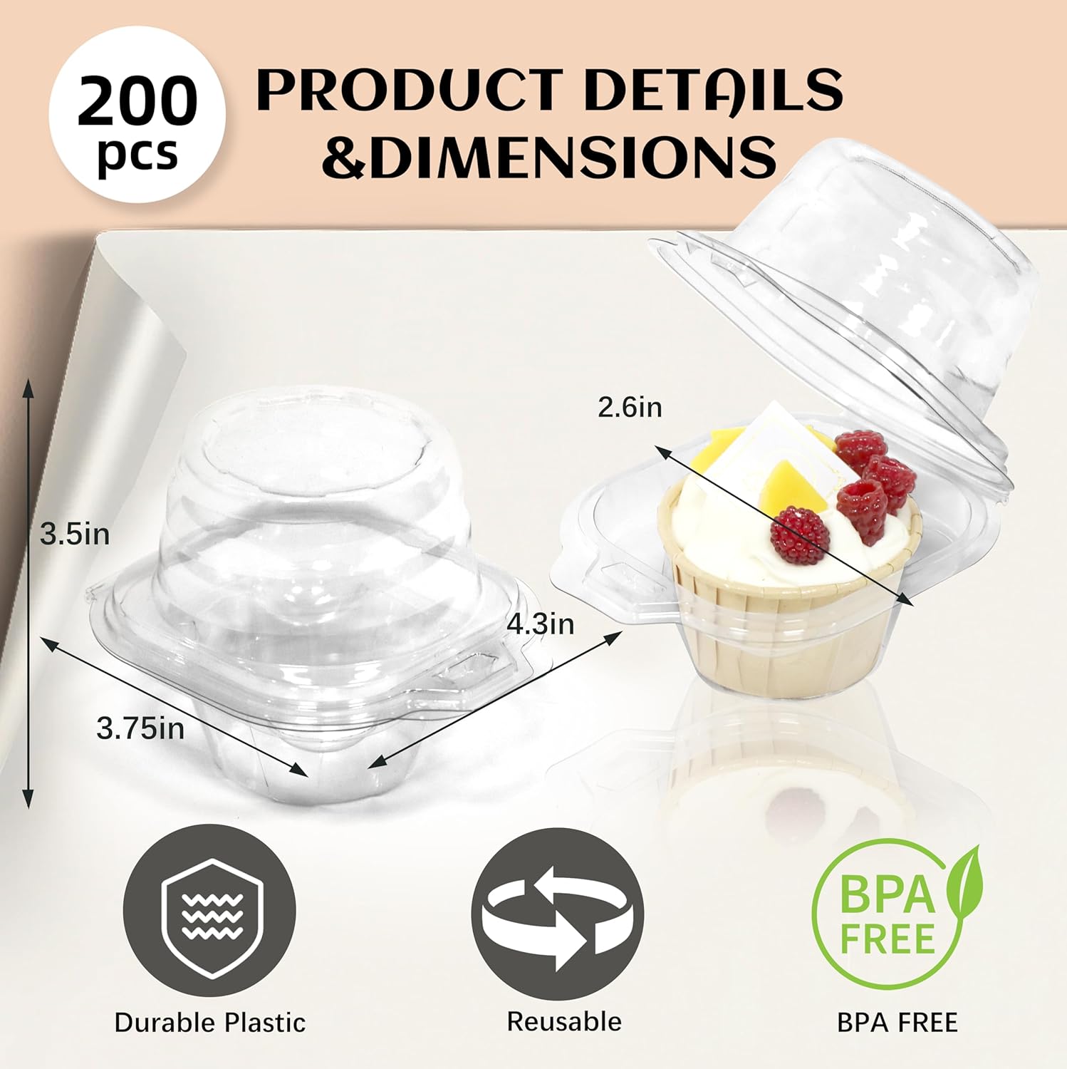 50 Pack Individual Cupcake Containers, Plastic Cupcake Boxes with Lids, Stackable and Reusable, Clear Design for Cupcakes, Muffins, Donuts, Salad Storage