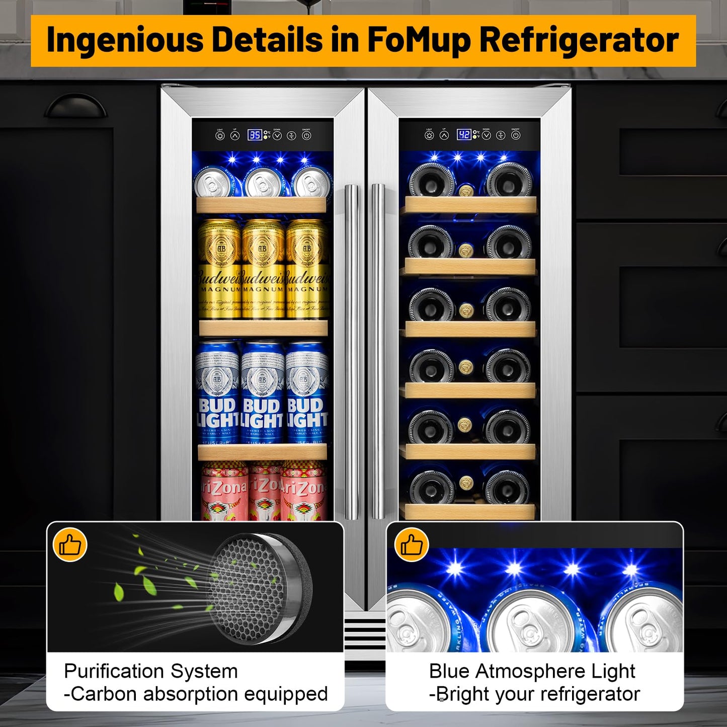 Wine and Beverage Refrigerator, 24 Inch Beverage Cooler Dual Zone with Glass Door, Built-in/Freestanding Beverage Fridge with Upgraded 20 Bottles and 60 Cans Large Capacity