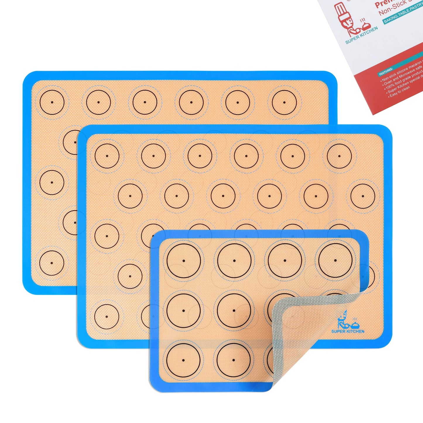 Silicone Baking Mat Macaron - Set of 3 (2 Half Sheet Liners and 1 Quarter Sheet), Non Stick Silicon Cookie Oven Liner For Macaroons, Bake Pans, Pizza, Toaster, Cake and Bread Making (Red,Blue,Gray)