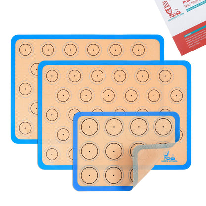 Silicone Baking Mat Macaron - Set of 3 (2 Half Sheet Liners and 1 Quarter Sheet), Non Stick Silicon Cookie Oven Liner For Macaroons, Bake Pans, Pizza, Toaster, Cake and Bread Making (Red,Blue,Gray)