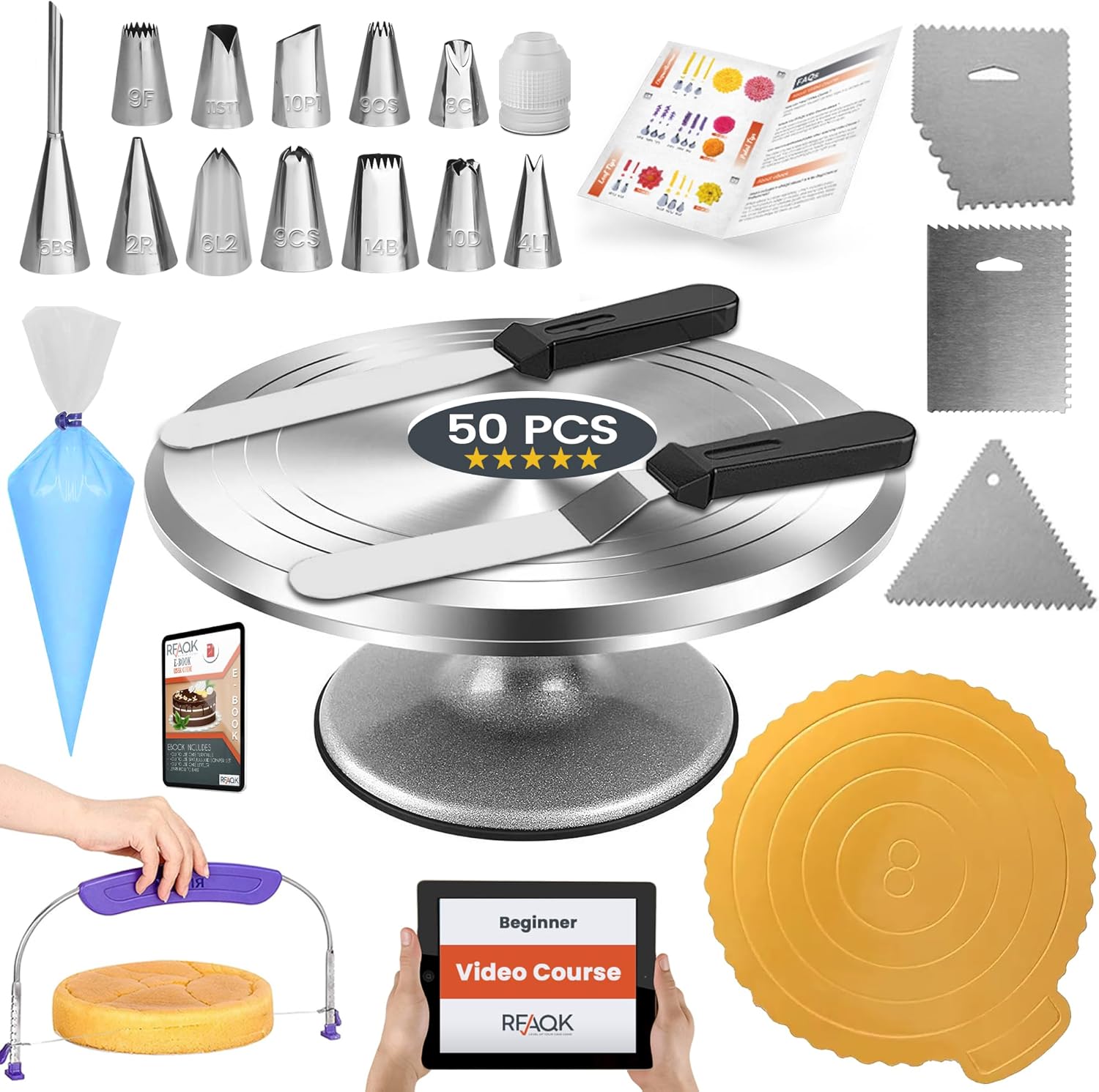 RFAQK 50PCs Cake Decorating Supplies Kit with 12" Aluminum Rotating Cake Turntable Stand, Professional Leveler, Straight & Offset Spatulas, 12 Numbered Icing Tips & Bags