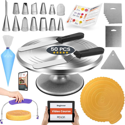 RFAQK 50PCs Cake Decorating Supplies Kit with 12" Aluminum Rotating Cake Turntable Stand, Professional Leveler, Straight & Offset Spatulas, 12 Numbered Icing Tips & Bags