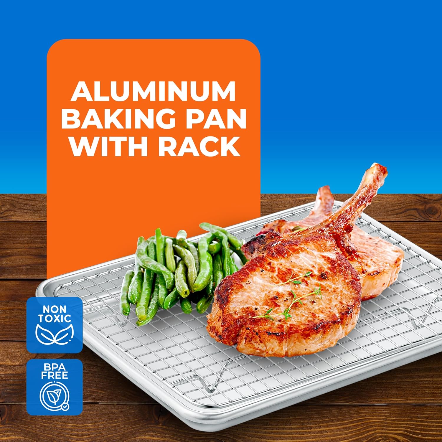 Baking Pan Set - 9" x 13" Aluminum Baking Pan with Stainless Steel Cooling Rack Set, PFOA, PFOS, PTFE Free, Recipe Booklet Included, Oven Safe Tray, Resist Heat Up To 500° F, Set of 2