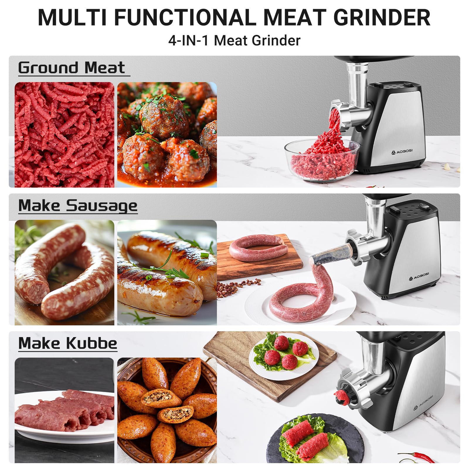 AAOBOSI Meat Grinder, 4-In-1 Meat Grinder Electric [2800W Max] with 3 Slice, Shred Blades,2 Blades,3 Plates,Sausage Stuffer,Kubbe Kit, for Home Kitchen Use, Stainless Steel