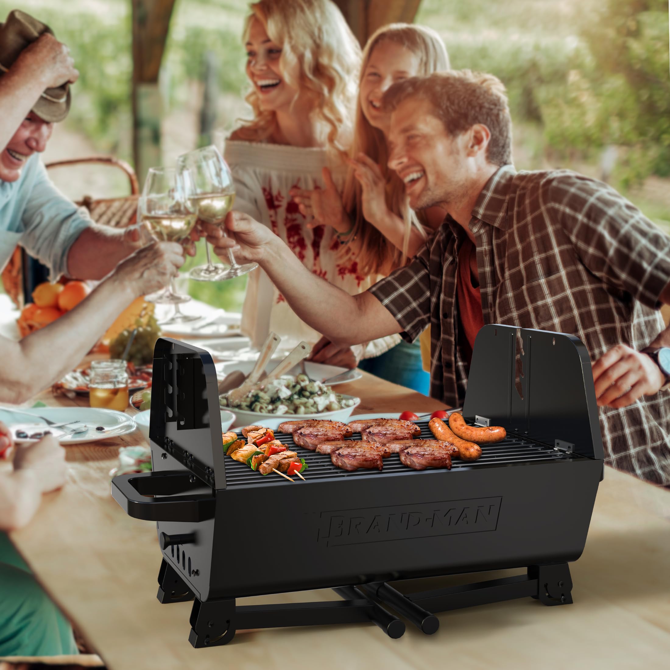 Grill Brand-Man 2 w 1 z zestawem do grillowania rożna, przenośny składany grill węglowy na zewnątrz, rożen ze stali nierdzewnej z silnikiem i regulowaną wysokością do podwórkowego kempingu, patio, imprezy tanecznej