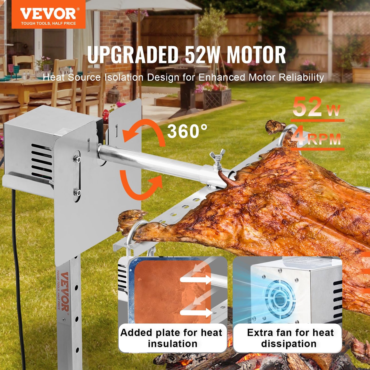 VEVOR 56-Inch Splicable Rotisserie Grill Kit, 132 lbs Sectional Spit Rod with Automatic 52W Motor & Heat Shield, Height Adjustable Spit Roaster Stand for Roasting Pig Lamb, Stainless Steel Grill