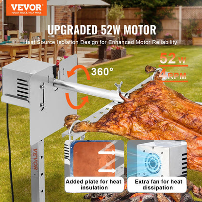 VEVOR 56-Inch Splicable Rotisserie Grill Kit, 132 lbs Sectional Spit Rod with Automatic 52W Motor & Heat Shield, Height Adjustable Spit Roaster Stand for Roasting Pig Lamb, Stainless Steel Grill