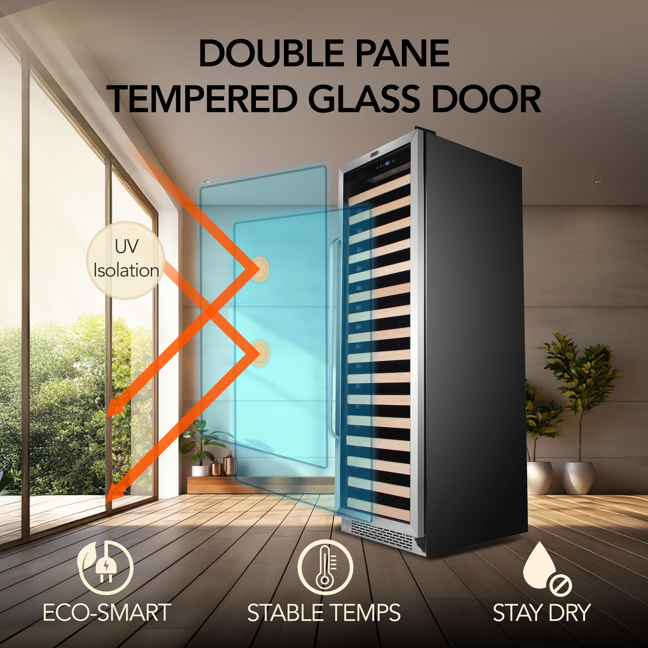 Whynter BWR-1662SD 166 Built-in or Freestanding Stainless Steel Compressor Large Capacity Wine Refrigerator Rack for Open LED Display, Black-166 Bottle, Black