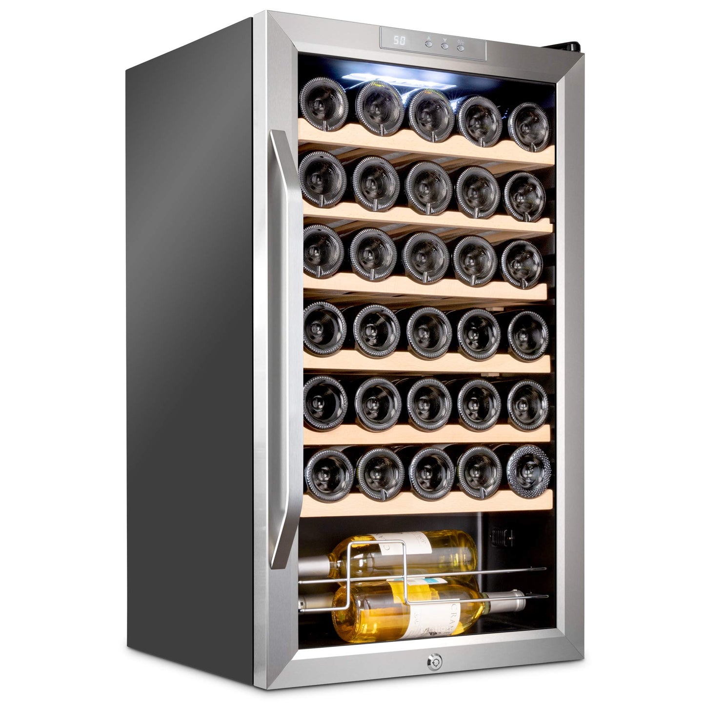 Ivation 34 Bottle Compressor Wine Cooler Refrigerator w/Lock | Large Freestanding Wine Cellar For Red, White, Champagne or Sparkling Wine | 41f-64f Digital Temperature Control Fridge Stainless Steel