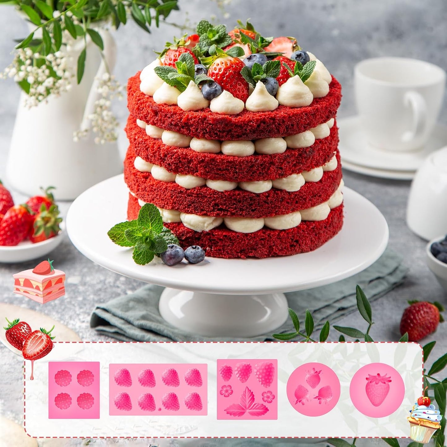 5 Pcs Strawberry Baking Mold Silicone Handmade Candy Jelly Bakeware 3D Flower Strawberry Embed Silicone Fruit Shape Pastry Mold for Soap wax Chocolate Fondant Ice Cream Cupcake Cake Decor