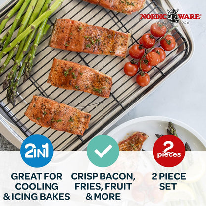 Nordic Ware Oven Crisp Baking Tray 2pc Set Includes Pan and Rack; Natural Aluminum For Air Frying, Crisping, Broiling, Baking