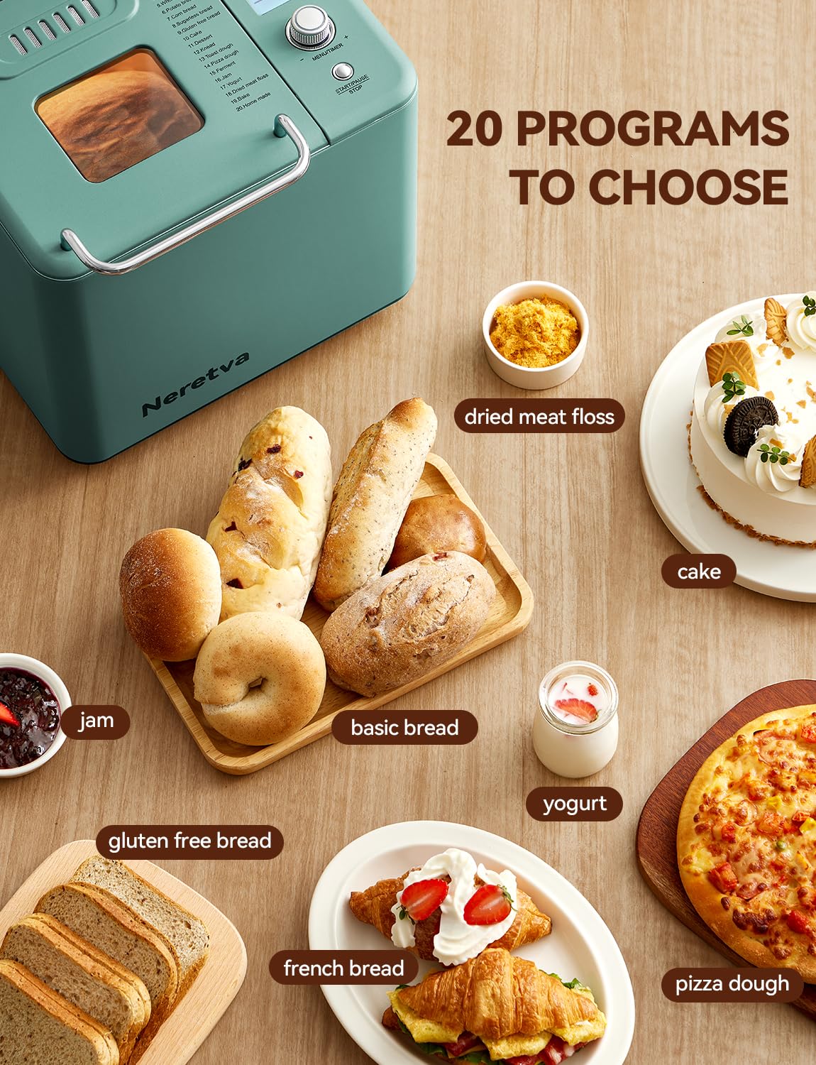 Neretva 20-IN-1 Bread Maker, Dual Heater 2LB Bread Machine Nonstick Ceramic Pan Bread Maker Machine All Metal Compact for Gluten Free/Dough Maker/Dried Meat Floss/Jam/Yogurt, Breadmaker Recipe-Green