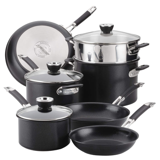 Anolon, Bla SmartStack Hard-Anodized Nesting Pots and Pans Cookware Set, 10-Piece, Black, 23.5 x 14 x 13.5 inches