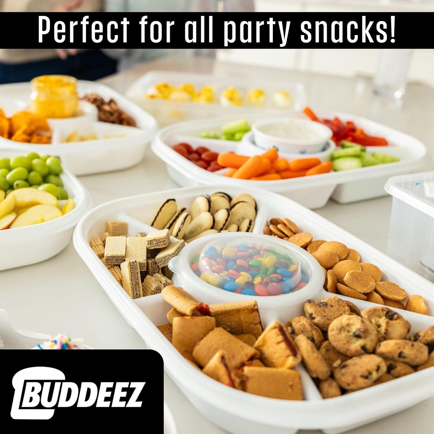 Buddeez Jumbo Divided Serving Tray with Lid - Includes 6 Bins for Party Platter, Snackle Box Container, Fruit and Veggie Tray, Chip