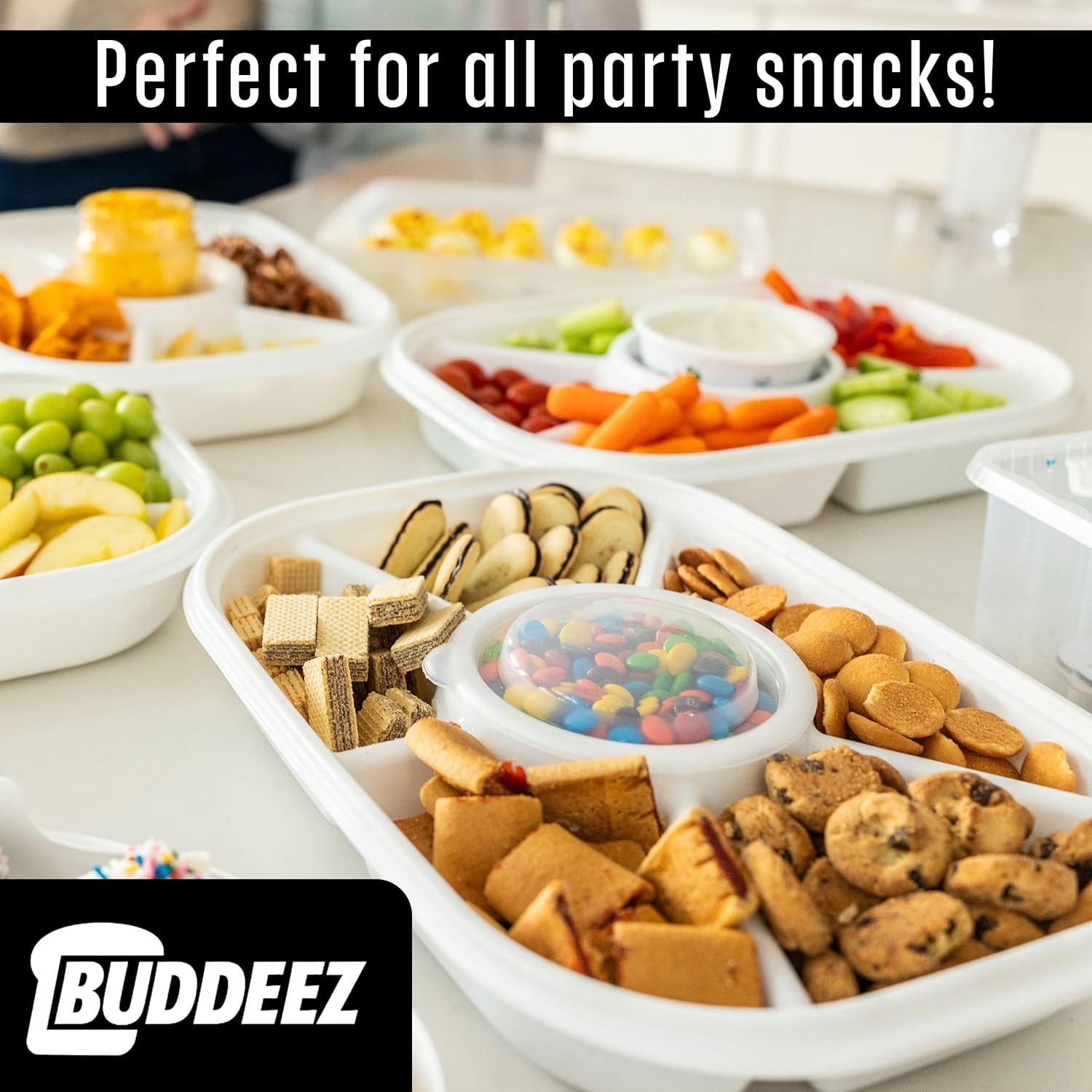 Buddeez Jumbo Divided Serving Tray with Lid - Includes 6 Bins for Party Platter, Snackle Box Container, Fruit and Veggie Tray, Chip