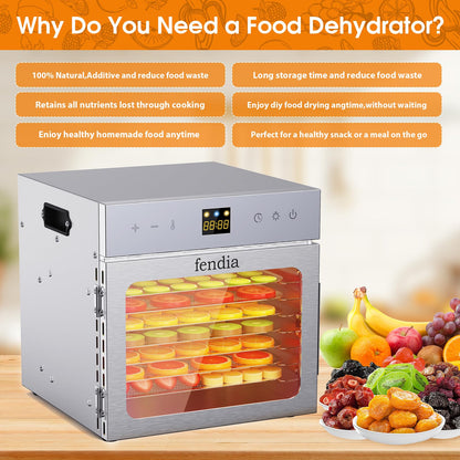 Fendia Dehydrators for Jerky, 8 Stainless Steel Trays, 600W Fruit Dehydrator, 24H Timer and 190°F Temperature Control, Overheat Protection, Food Dryer for Jerky, Herbs, Fruit, Dog Treats