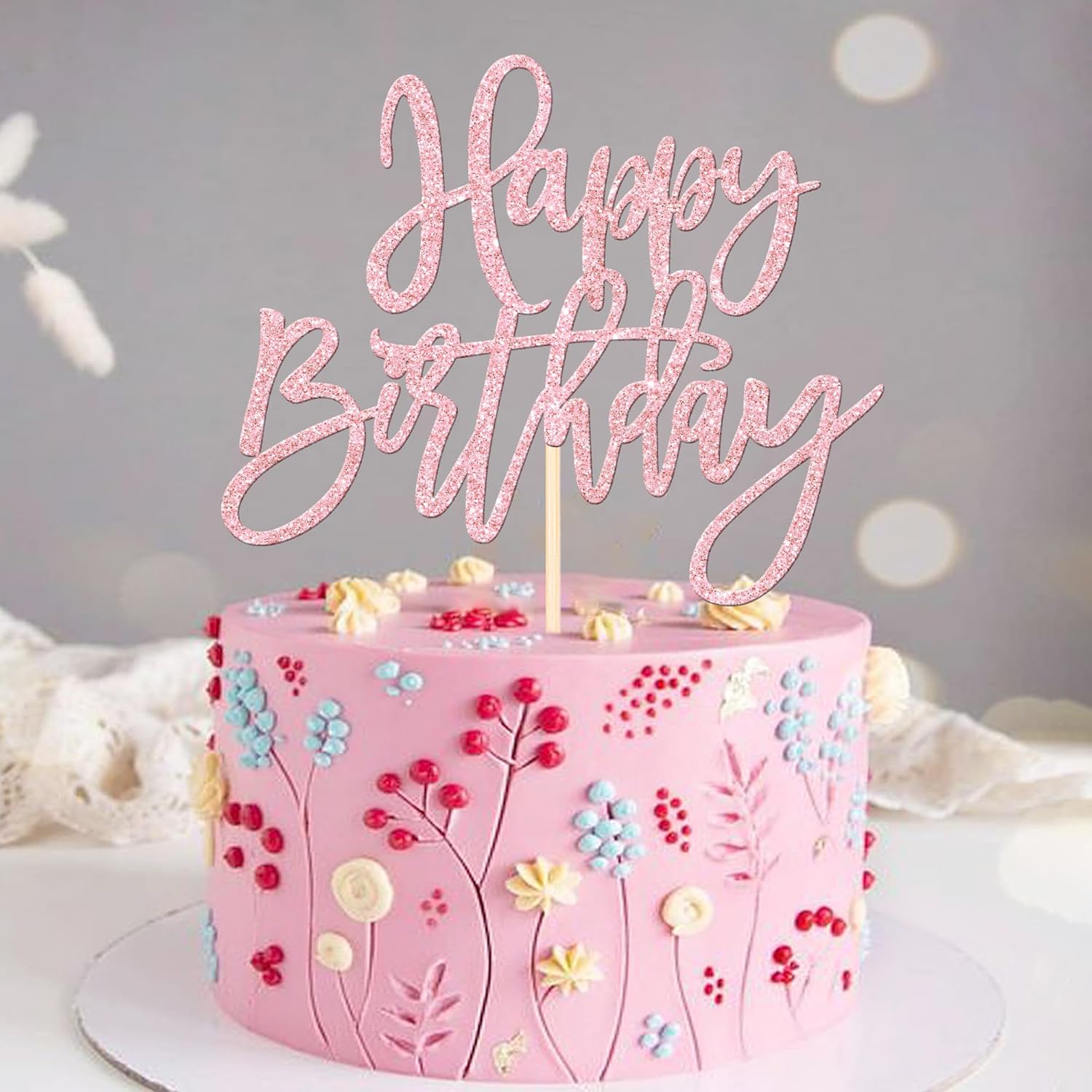 1 PCS Happy Birthday Cake Topper Glitter Cake Pick for Celebrating Anniversary Theme Party Cake Decorations Supplies Light Pink