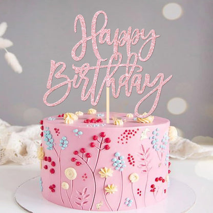 1 PCS Happy Birthday Cake Topper Glitter Cake Pick for Celebrating Anniversary Theme Party Cake Decorations Supplies Light Pink