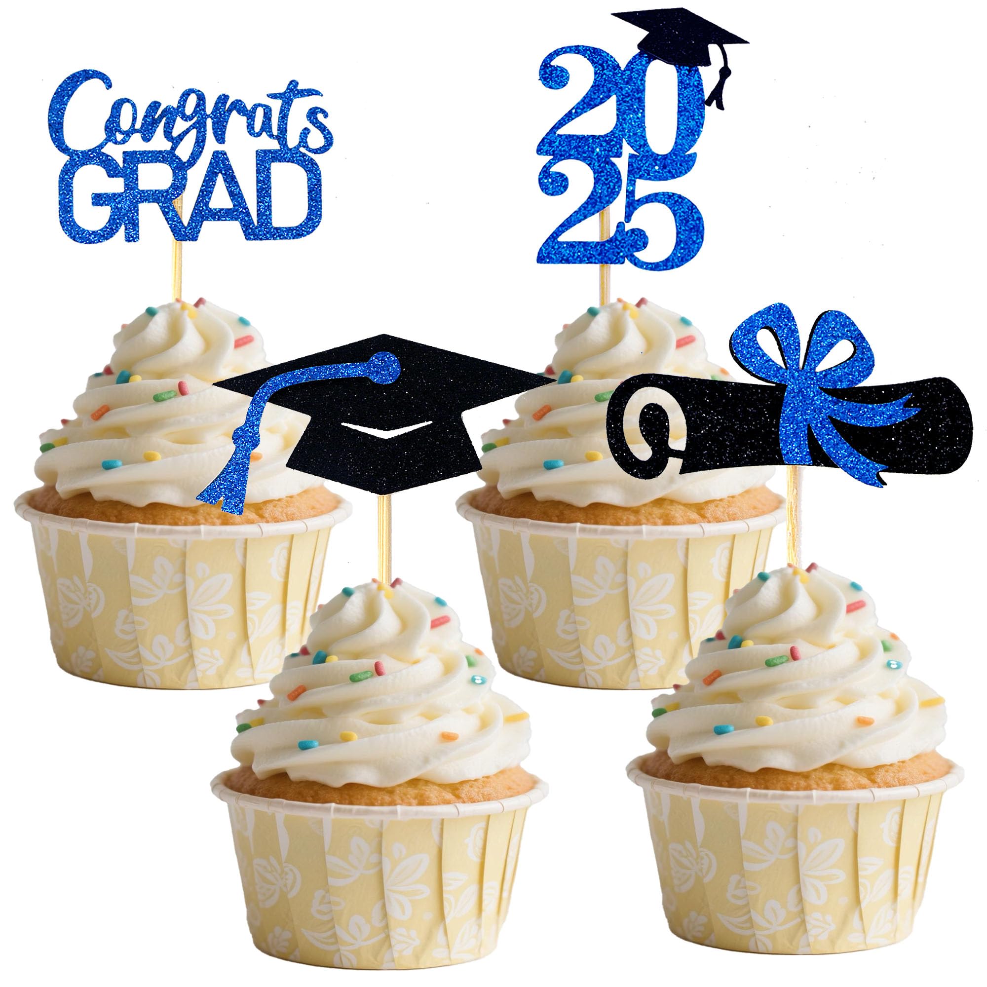 Graduation Cupcake Toppers Decorations Party Supplies, 24 PCS Food/Appetizer Picks For Class of 2025 Mini Cake Decorations, Diploma, Grad Cap Set 24 Pieces (Gold)