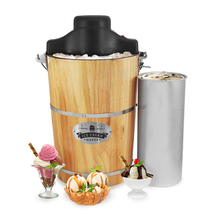 Elite Gourmet Old Fashioned 6 Quart Vintage Wood Bucket Electric Ice Cream Maker Machine Appalachian, *Bonus Classic Die-Cast Hand Crank for Churning, Uses Ice and Rock Salt Churns Ice Cream in Minute