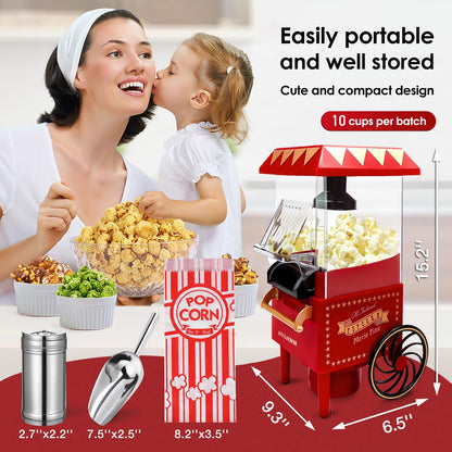 GVAKMM Popcorn Machine, Christmas Hot Air Popcorn Maker Kit Gift Box, Portable Home Popcorn Popper Machine, 10-Cup,Oil-Free,Retro Style,Compact and Cute