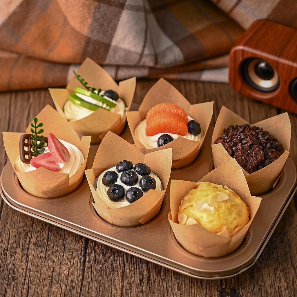 120 Counts Natural Tulip Cupcake Liners for Baking Cups, Food Grade Parchment Paper Muffin Liners Holders, Standard Tulip Cupcake Liners, Greaseproof Cup Cake Wrappers for Party, Christmas