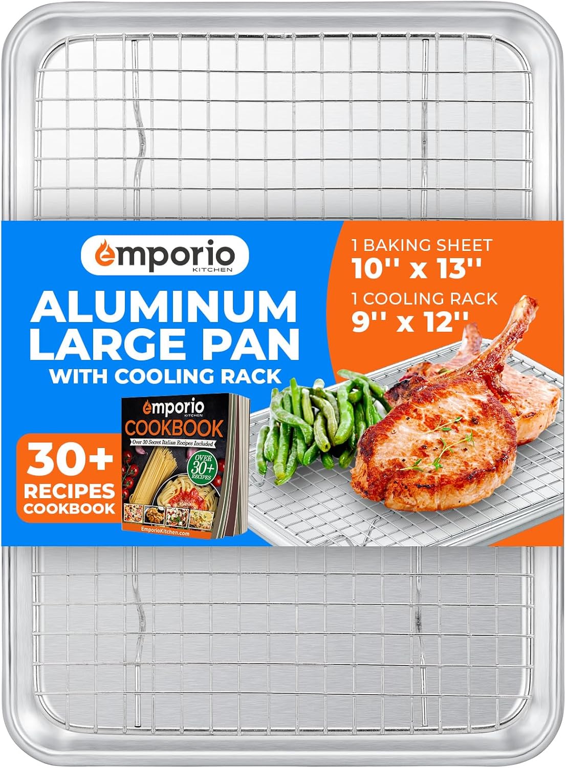 Baking Pan Set - 9" x 13" Aluminum Baking Pan with Stainless Steel Cooling Rack Set, PFOA, PFOS, PTFE Free, Recipe Booklet Included, Oven Safe Tray, Resist Heat Up To 500° F, Set of 2