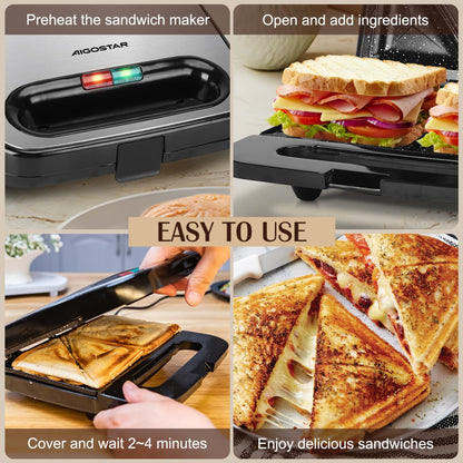 Aigostar Sandwich Maker with Super Nonstick Ceramic Plates, Panini Press Sandwich Toaster Breakfast Electric Grilled Cheese Maker Machine Tuna Melt Omelets Snacks, Tostadora de Pan Stainless Steel