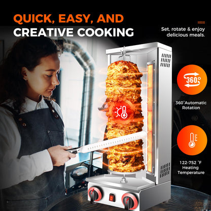 Shawarma Doner Kebab Machine Grill Gas Vertical Broiler Gyro Meat Rotisserie with 2 Burner for Restaurant Home Garden