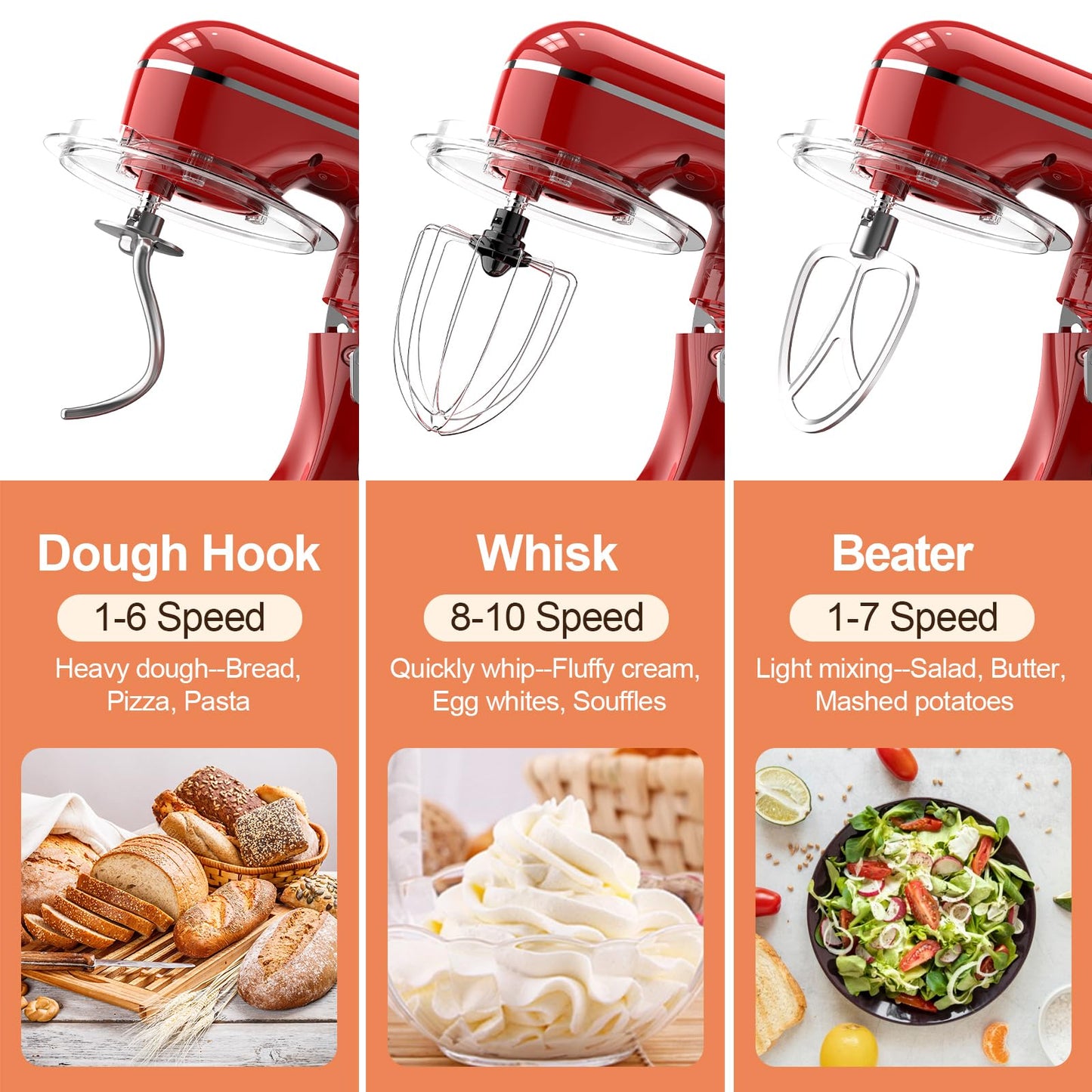 CEBORY 3-IN-1 Electric Stand Mixer, 6.5QT Bowl 10-Speed Kitchen Mixer, Household Food Mixers include Dough Hook, Beater and Whisk, Bread Cake Mixer for Baking and Most Home Cooks, Red