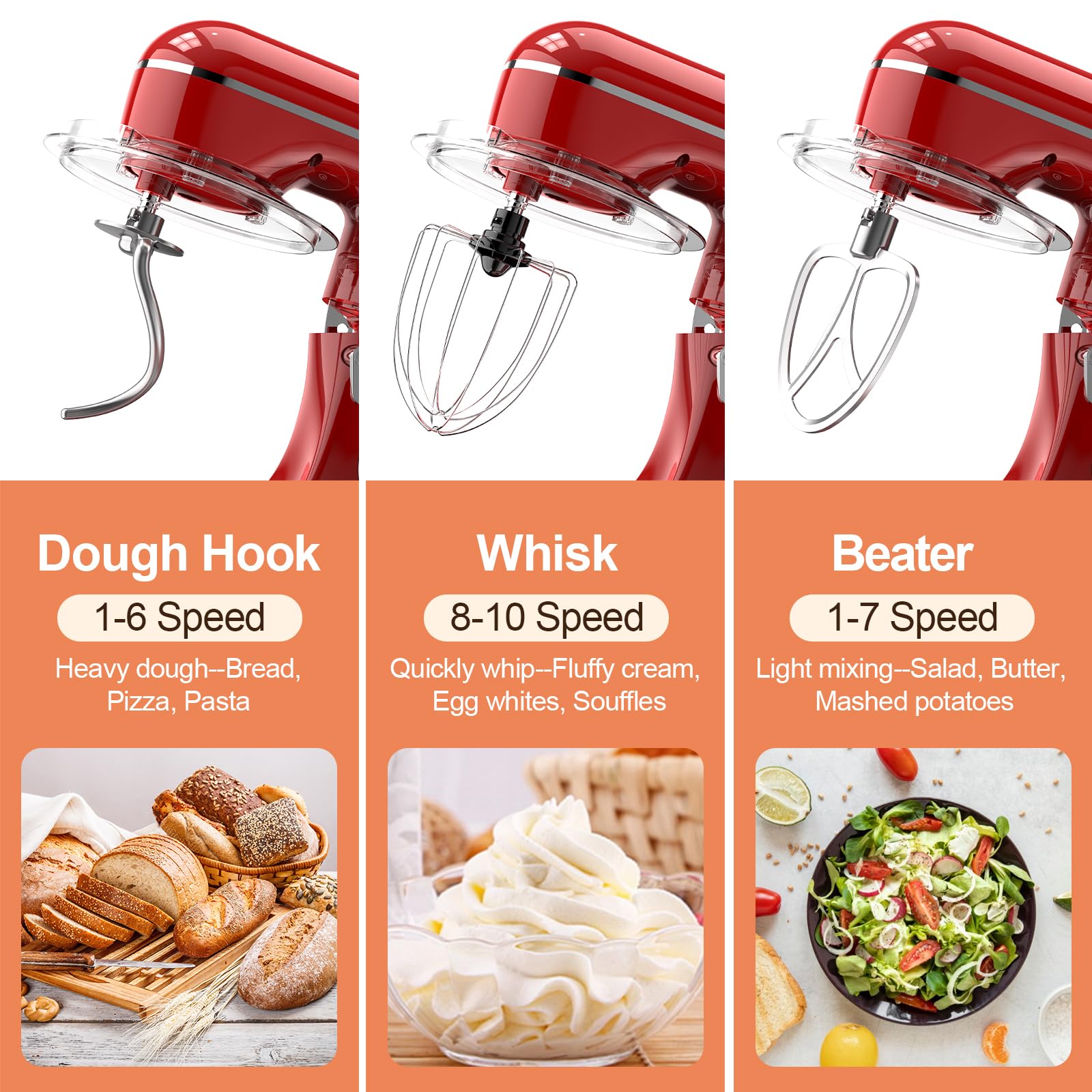 CEBORY 3-IN-1 Electric Stand Mixer, 6.5QT Bowl 10-Speed Kitchen Mixer, Household Food Mixers include Dough Hook, Beater and Whisk, Bread Cake Mixer for Baking and Most Home Cooks, Red