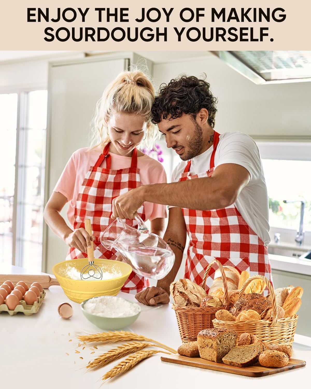 Sourdough Bread Baking Supplies 34 OZ Sourdough starter kit with 2 Bread Proofing Basket - Yellow