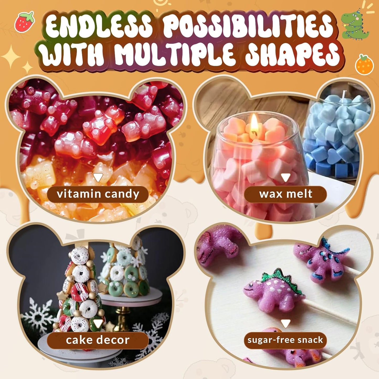 Gummy Bear Molds Silicone Mini Size, Non-Stick Chocolate Candy Gummy Mould for Kid with 2 Droppers Including Dinosaur, Bear, Hearts and Donut Shape 201 Cavities