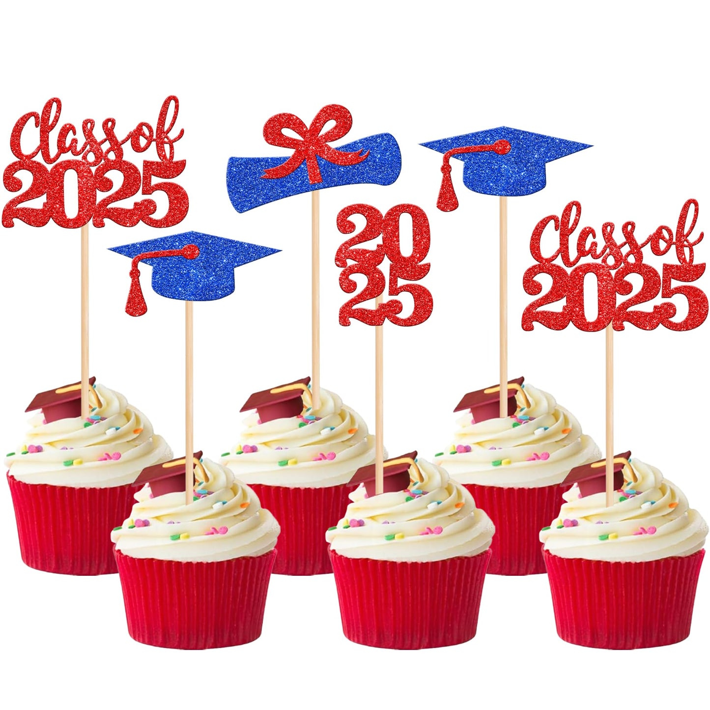36 PCS 2023 Graduation Theme Cupcake Toppers Glitter Class of 2023 Graduation Cap Diploma Cupcake Picks Party Cake Decorations Supplies Red