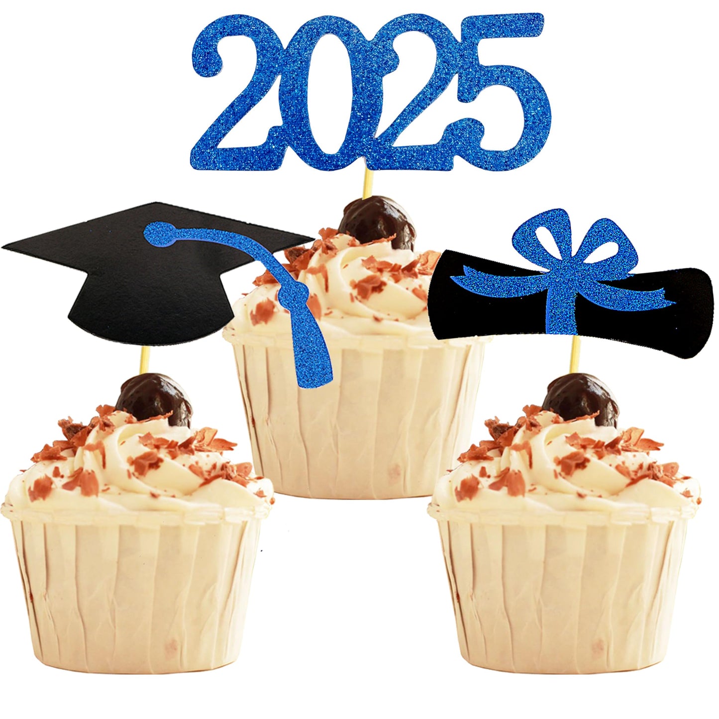2025 Graduation Cupcake Toppers, 48 PCS Food/Appetizer Picks For Graduation Party Mini Cake Decorations, Diploma, 2025, Grad Cap Set 48 Pieces (01 Gold)