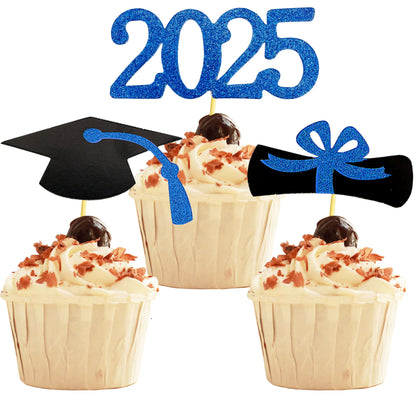 2025 Graduation Cupcake Toppers, 48 PCS Food/Appetizer Picks For Graduation Party Mini Cake Decorations, Diploma, 2025, Grad Cap Set 48 Pieces (01 Gold)