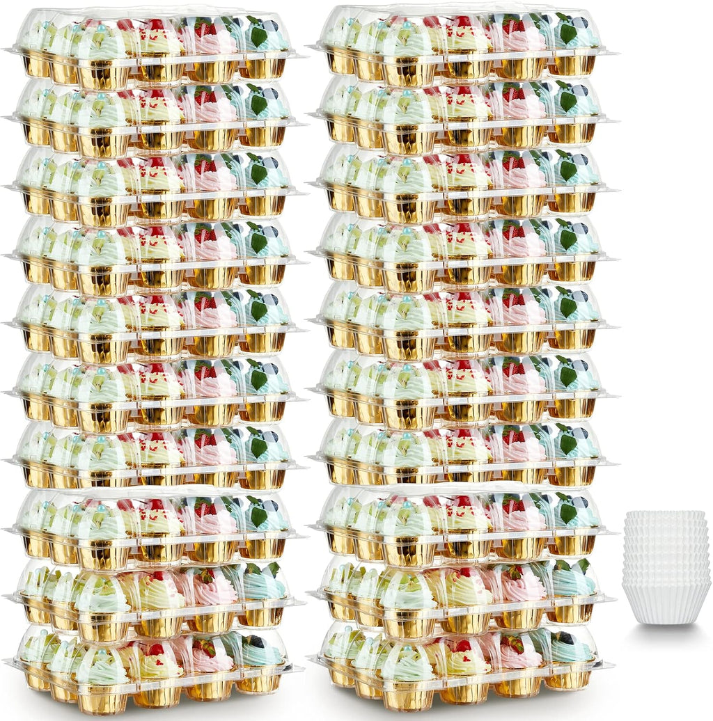 (12 Pack x 20 Sets) Stackable Cupcake Carrier with 240 Pack Liners, Plastic Cupcake Boxes Holders for 12 Cupcakes, High Tall Dome Lid Cupcake Containers, Clear Disposable Cupcake Trays