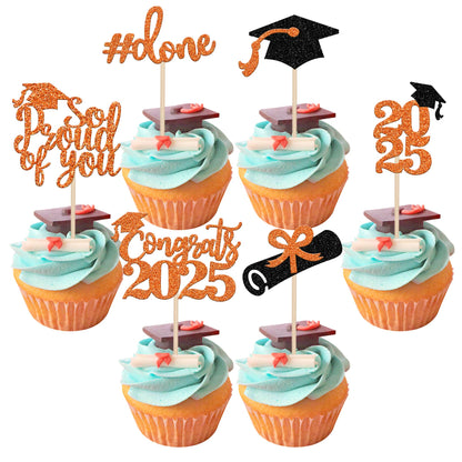 24 PCS 2025 Graduation Cupcake Toppers Glitter Diploma Congrats Grad Cap Cupcake Picks Class of 2025 Cake Decorations for 2025 Graduation Theme Party Supplies Pink