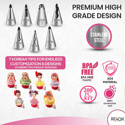 RFAQK 200PCs Cake Decorating Kit for Beginners with Turntable for Decoration - Piping Bags and Tips Set (110+55), Straight & Offset Spatula, Leveler, Video Course, Pattern Chart & More Baking Supplies