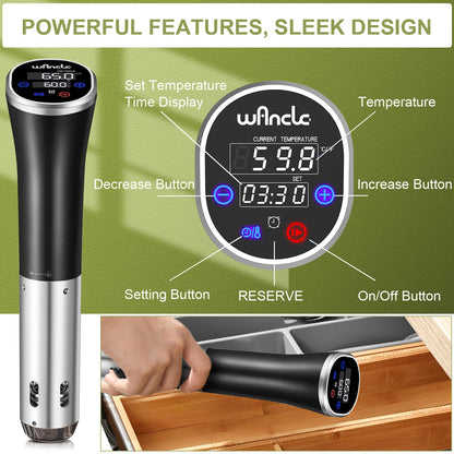 Sous Vide, Wancle Sous Vide Cooker 1100W IPX7 Waterproof Thermal Immersion Circulator With Reservation Function, Easy to store