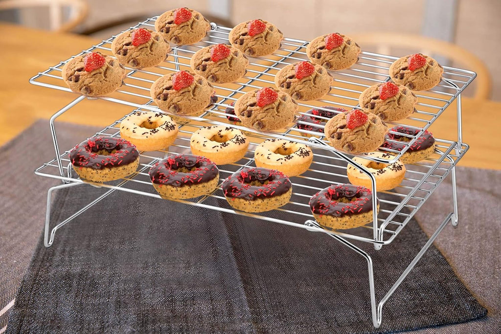 P&P CHEF Cooling Rack Set of 2, 2-Tier Stackable Stainless Steel Wire Racks for Baking Cooking Cooling Roasting, Collapsible & Heavy Duty, Oven Safe & Easy Clean, 15" x 10", Silver