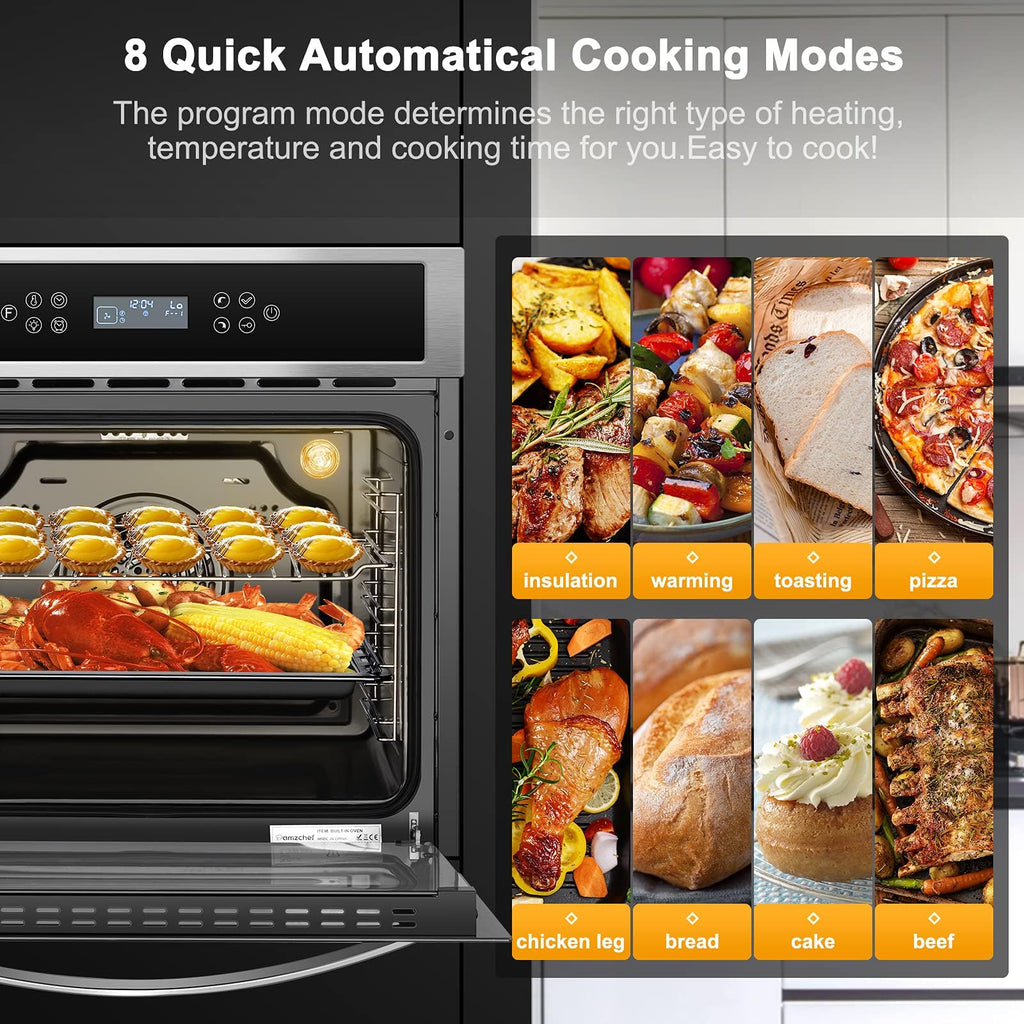 AMZCHEF Piekarnik ścienny pojedynczy 24" Wbudowany piekarnik elektryczny z 11 funkcjami, 8 automatycznymi przepisami, 2800 W, 240 V, 2,5 Cu.f Piekarnik ścienny konwekcyjny ze stali nierdzewnej, sterowanie dotykowe, timer, blokada bezpieczeństwa, ulepszony