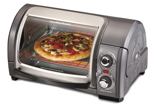 Hamilton Beach Easy Reach 4-Slice Countertop Toaster Oven With Roll-Top Door, 1200 Watts, Fits 9” Pizza, 3 Cooking Functions for Bake, Broil and Toast, Silver (31344DA)