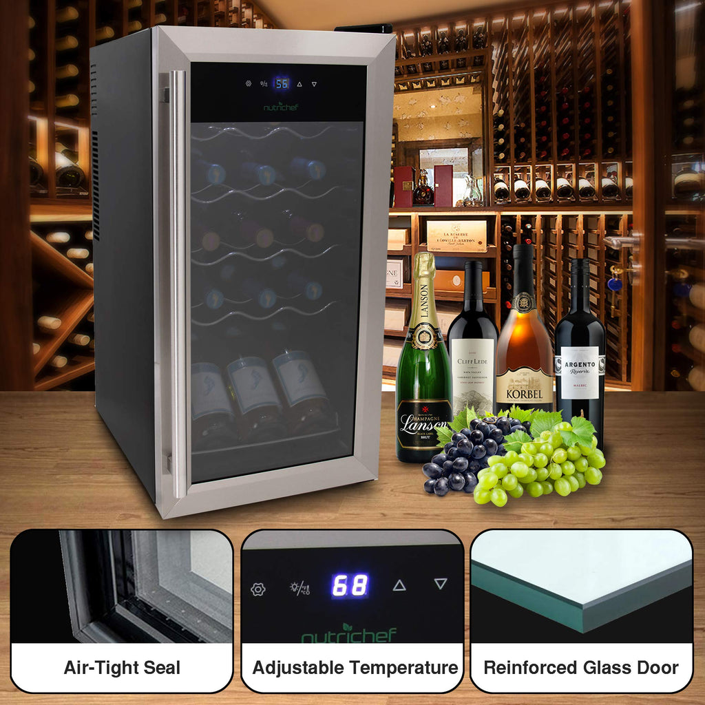 nutrichef 15 Bottle Fridge | Red and White Chiller | Adjustable Temp Control 41°F to 64°F | Ultra Quiet Operation | Mini Wine Cooler Built for Home, Office, Kitchen Counter, 27x13x17, Stainless Steel