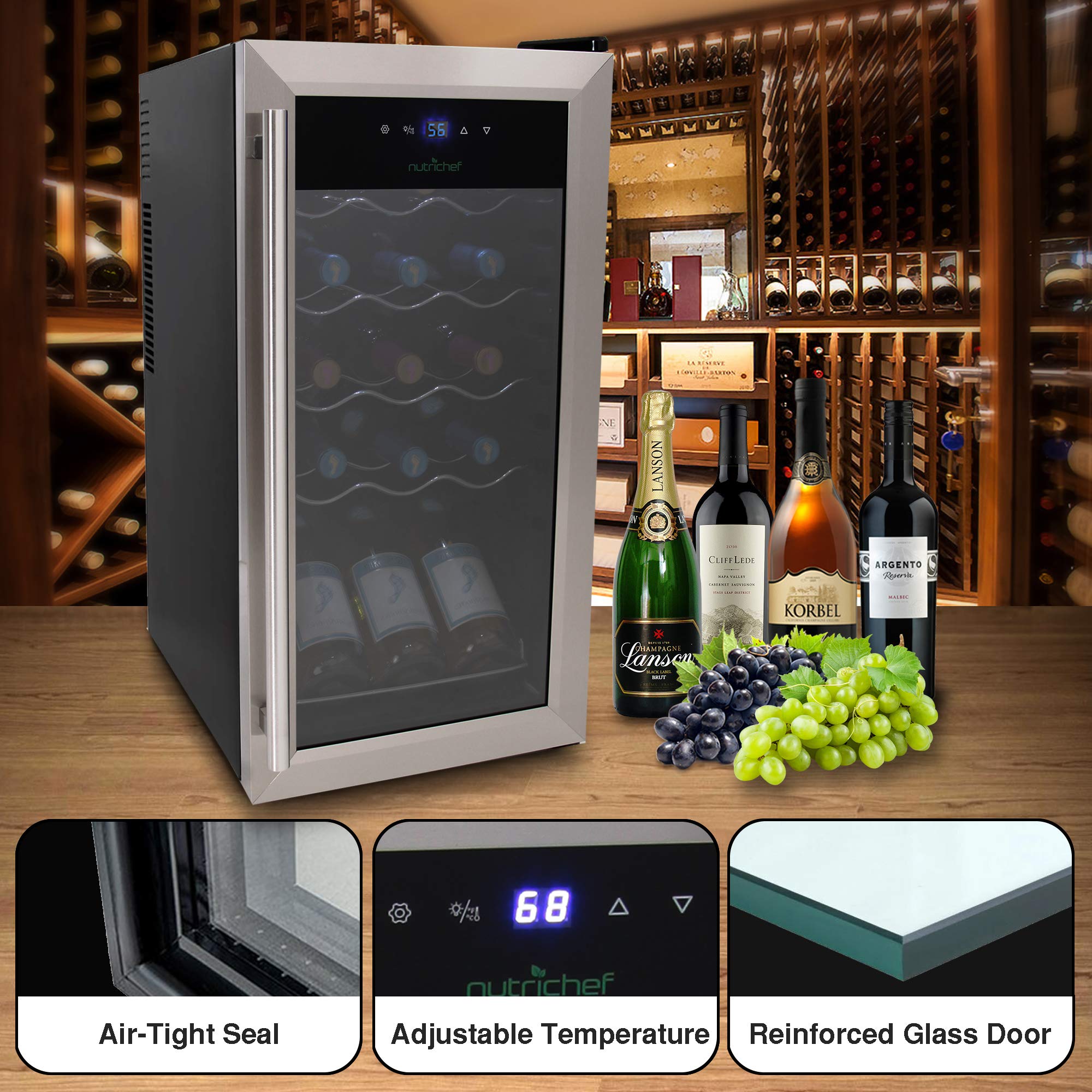 nutrichef 15 Bottle Fridge | Red and White Chiller | Adjustable Temp Control 41°F to 64°F | Ultra Quiet Operation | Mini Wine Cooler Built for Home, Office, Kitchen Counter, 27x13x17, Stainless Steel