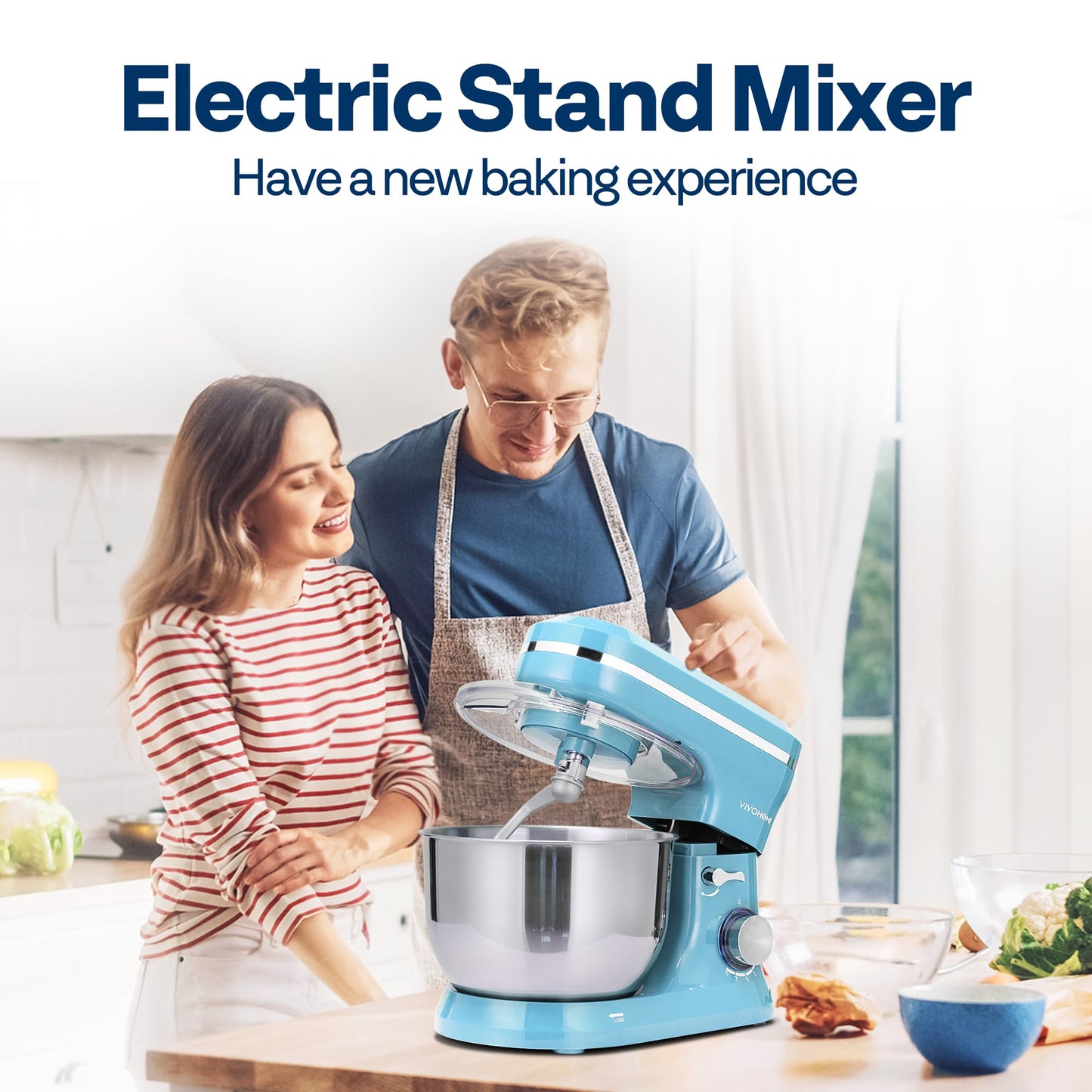 VIVOHOME 4.75 Quart Stand Mixer, 8 Speed Kitchen Electric Food Mixer, Household Stand Mixer for Baking, Cake, Bread with Beater, Dough Hook, Wire Whip and Egg Separator, Blue