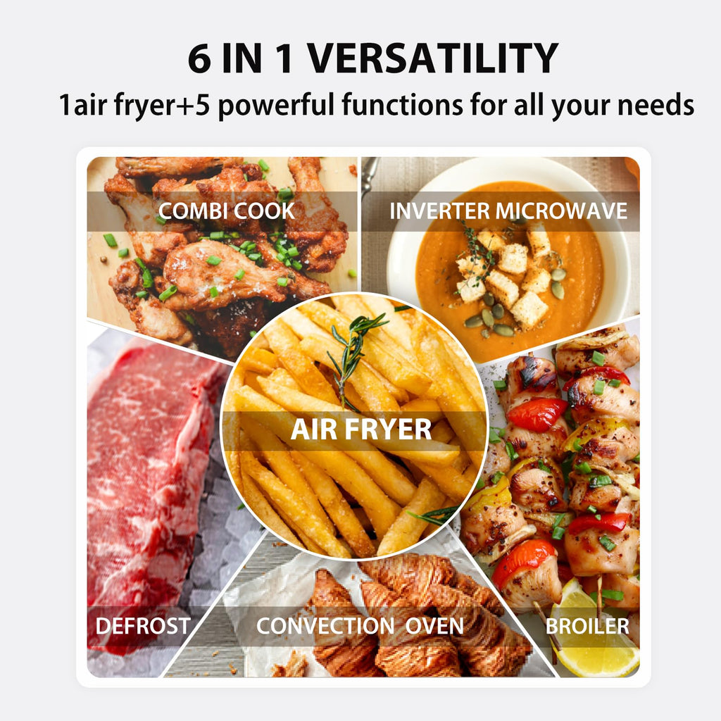 Kuchenka mikrofalowa TOSHIBA 6 w 1 Inverter Countertop, zdrowa frytkownica powietrzna Combo, seria MASTER, frytkownica powietrzna, grill, konwekcja, Speedy Combi, równomierne rozmrażanie, włączanie/wyłączanie dźwięku 27 Auto Menu, stal nierdzewna
