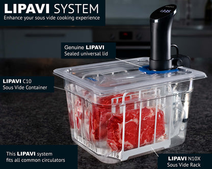 LIPAVI Sous Vide System Model NXC10-UNIR - with C10 Container, N10X Rack and an Universal lid - fits virtually any sous vide machine up to 2.755 inches (70mm) in diameter